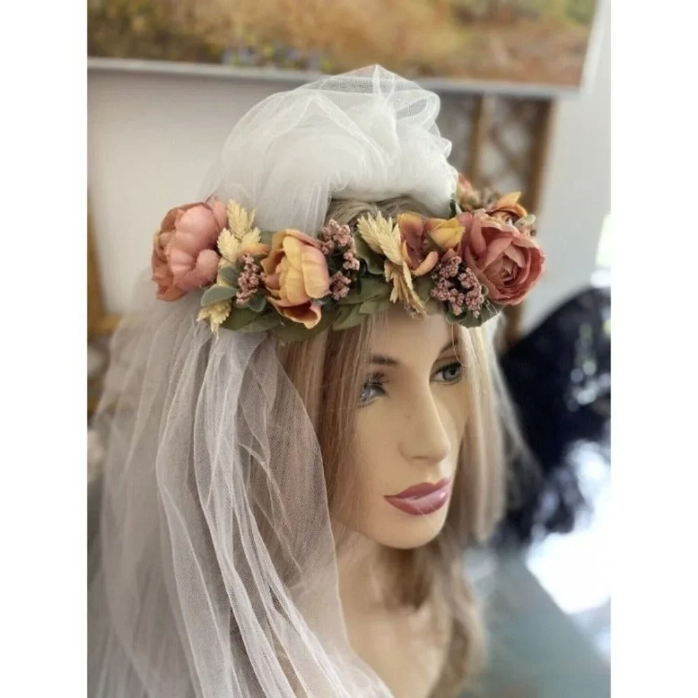 Vintage Bridal Wedding Hair Accessory Crown Earth Tones Boho Unique Handmade 70s